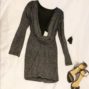 Opened Back Glittery Long sleeve Dress